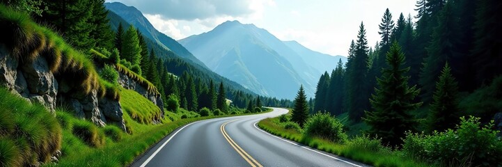 Curving road surrounded by lush forests and mountain peaks, showcasing the beauty of nature and the thrill of exploration,  charm,  travel