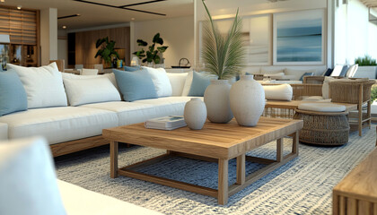 An image of a transitional living room with a minimalist transitional vibe, shot wide to capture the entire space, featuring linen upholstered furniture and wood furnishings, a washed wood coffee tabl