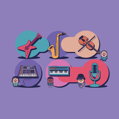 2d vector illustration icon cool entertainment cartoon character  music tools (Drum , Music Note , Headphones ,Microphone , Piano , Guitar ,Record) 
