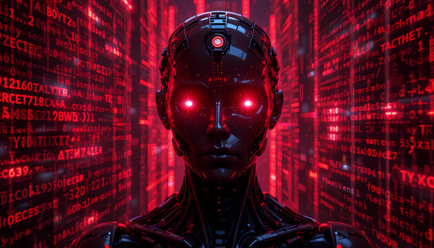 A dark AI entity with glowing red hacking codes and robotic eyes scans for vulnerabilities, representing artificial intelligence cyber threats