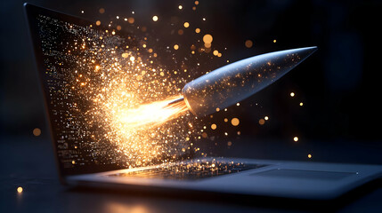 Conceptual Rocket Launching from Silver Laptop with Vibrant Sparks and Glowing Embers on Dark Background Displaying Technological Advancement and Rapid Progress