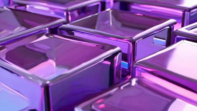 Dynamic interaction of reflective purple glass cubes in motion creating mesmerizing geometric patterns and vibrant visual texture