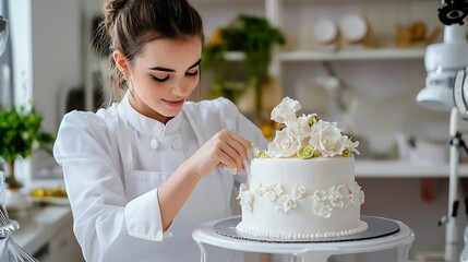 Elegant Baker Creating a Beautiful Decorative Cake with White Roses and Delicate Floral Designs