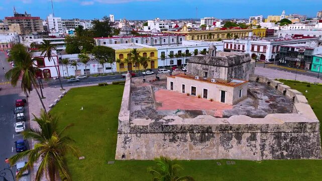 Veracruz, Mexico. February 25, 2025: video overflying the Baluarte de Santiago, a military building from 1635 that formed the integral wall that surrounded the city.
