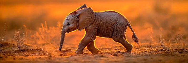 A cute baby elephant taking its first steps in the savannah with warm orange sunset light,