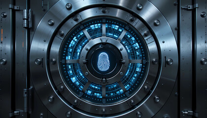 A massive steel vault door with a glowing security keypad, fingerprint scanner, and advanced encryption protecting valuable digital assets