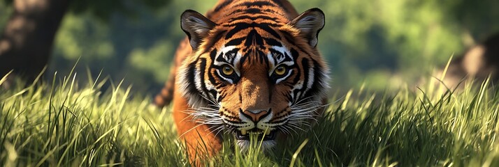 A fierce tiger prowling through tall grass with intense focus,