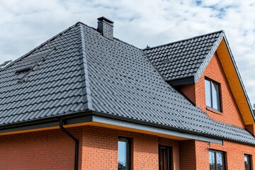 Obraz premium Architectural marvel showcasing a modern brick house with a dark gray metal roof under a cloudy sky offering a serene and contemporary residential view