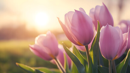 Fototapeta premium Beautiful pink tulips blooming in sunlight against a field 