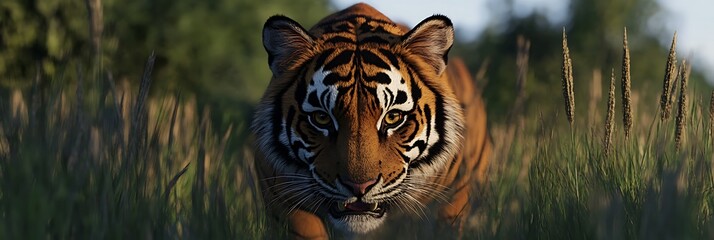 A fierce tiger prowling through tall grass with intense focus,