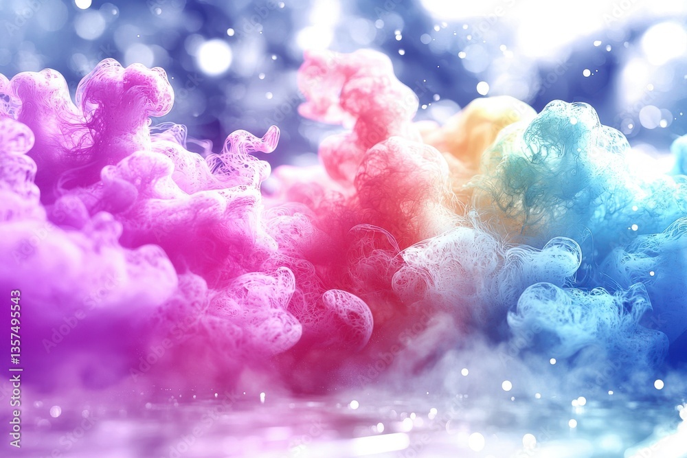 Poster a vibrant display of multicolored smoke clouds blending together with subtle light reflecting, creat