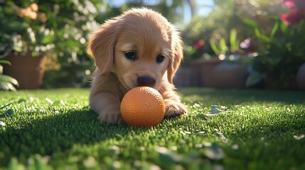 A golden retriever puppy playing with a ball on a lush green lawn under the sun,