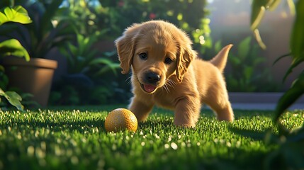 A golden retriever puppy playing with a ball on a lush green lawn under the sun,