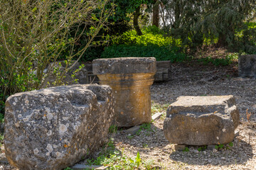 A few architectural features from the ruins in Bar'am National Park in northern Israel near the...