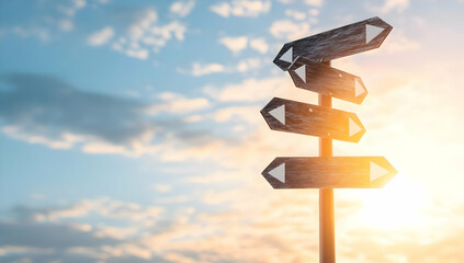 Directional Arrow Signs Under a Dramatic Sky Indicating Multiple Choices and Paths at Sunset Featuring Bright Sunlight and Clear Guidance for Navigation and Future Planning