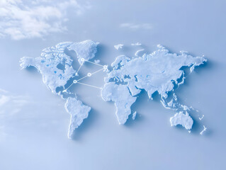 Digital World Map with Interconnected Nodes on Light Blue Background Representing Global Network Technology and International Connectivity with Abstract Pixelated Design