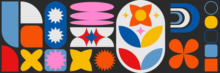Obraz premium Brutalist abstract geometric shapes featuring stars, ovals, spirals, flowers, and other primitive elements. A fusion of Swiss design aesthetics, Bauhaus, and Memphis design influences.