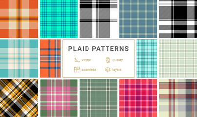 A collection of plaid patterns with colorful checks, ideal for textile, fabric, clothing, or celtic-inspired backgrounds.