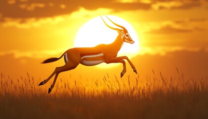 A graceful antelope leaping over tall grass in a savannah, with the golden sun glowing behind it,