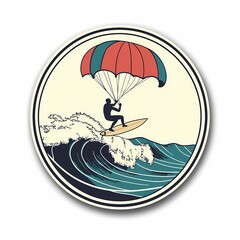 Sticker of a silhouette kitesurfer riding a large ocean wave with a red and green parachute, standing on a yellow surfboard. Round vintage-style design capturing dynamic surf and wind energy