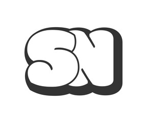 SN logo, bubble comic lettering, rounded in graffiti style black and white silhouette. Trendy preschool S and N letter text for festival party, personal initials, children funky print and web.