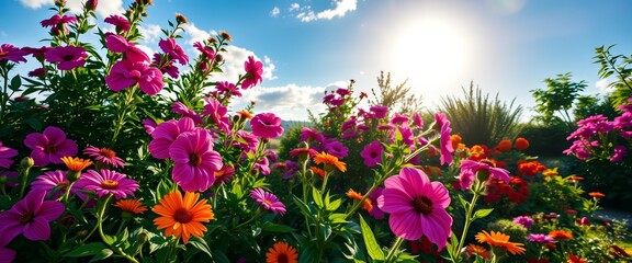 Naklejka premium Sun-drenched garden, vibrant flowers blooming under summer sky, petals, plants