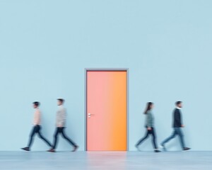 Fototapeta premium Office workers walk past door.