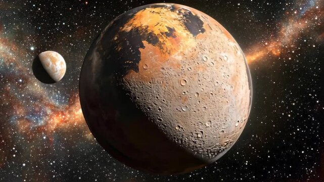 Pluto and its moon Charon in a stunning cosmic landscape with stars and nebulae visible in the background