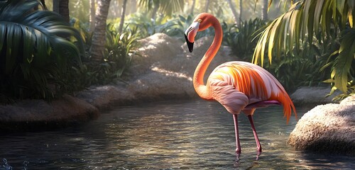 A graceful flamingo standing in a shallow pond, with its elegant posture and pink hue,