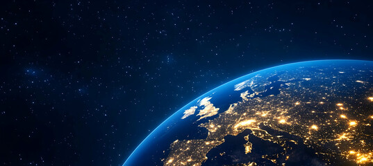 Obraz premium Earth at Night from Space Displaying Europe with City Lights and Starry Sky Background Highlighting Global Connectivity and Technological Advancement in Digital Graphic Render