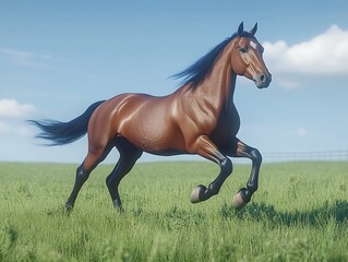 A graceful horse running freely in a field of green grass with a vivid blue sky above,