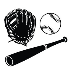 Baseball equipment ball, glove, and bat.