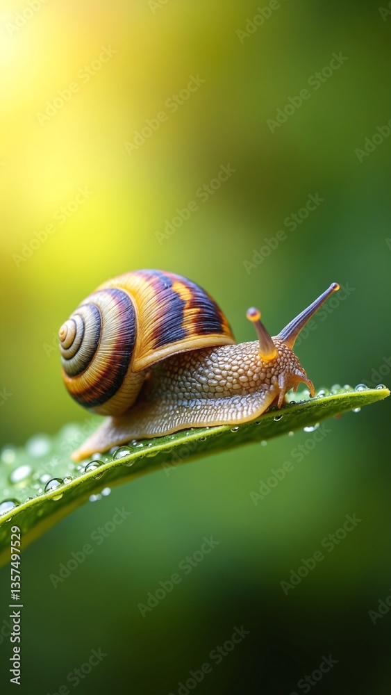 Aufkleber close-up of a colorful snail on a dewy leaf with vibrant background blurring in natural light