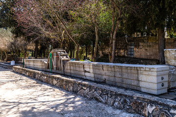 Partial reconstruction of the upper cornice in Bar'am National Park in northern Israel near the...