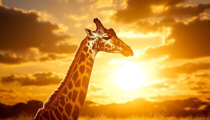 A majestic giraffe with a bright golden sunset sky in the background,