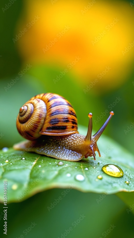 Aufkleber close-up of a colorful snail on a dewy leaf with vibrant background blurring in natural light