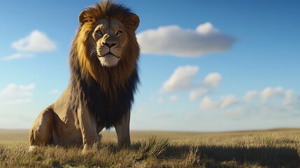 A majestic lion sitting on a grassy plain, with sharp details on its mane and fierce eyes,