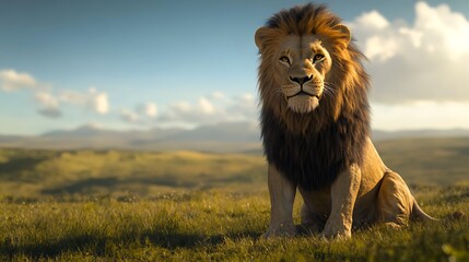 A majestic lion sitting on a grassy plain, with sharp details on its mane and fierce eyes,