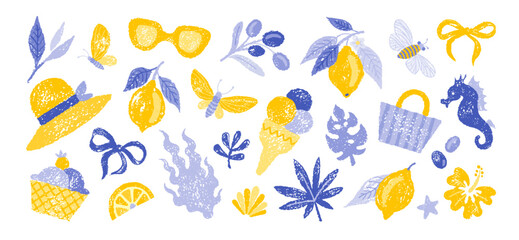 Beach summer sea icon. Doodle sun vacation vector illustration. Crayon sea travel element. Boho sketch chalk, ocean shell, blue bow, lemon fruit. Summer beach abstract art. Hand drawn cute vintage bg