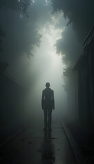 A person standing in the dark and looking at he fog covered path ahead, fear, unknown, concept of loneliness, mobile phone wallpaper 9:16