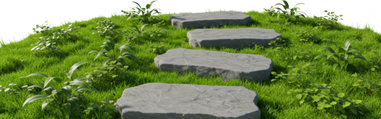 Serene Stone Steps Pathway through Lush Green Grass and Wildflowers