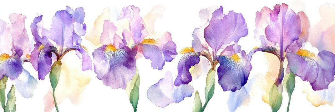 Vintage Watercolor Iris Blooms: Elegant Floral Illustration for Textile and Wallpaper Designs