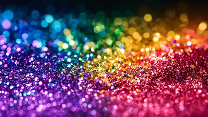 Vibrant, colourful glitter sparkles against a deep black background, creating a mesmerising, shimmering effect