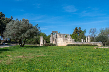 Overview of the ancient Bar'am Synagogue in Bar'am National Park in northern Israel near the...
