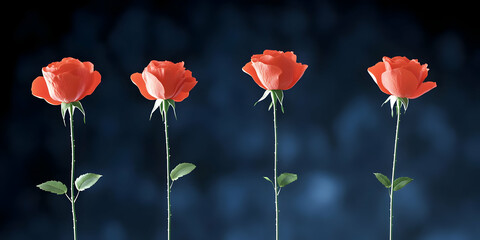 Four Pixelated Red Roses on Stems with Green Leaves Arranged Against a Mottled Dark Background in a Still Life Image Digitally Rendered by Ai