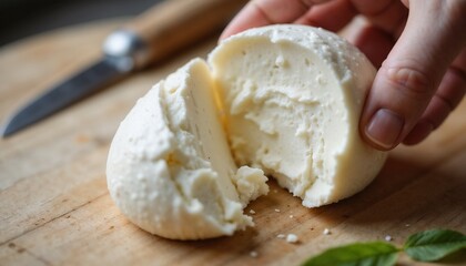 Fresh Mozzarella di Bufala Campana &ndash; Macro Shot of Soft, Milky Interior and Stretching Strands for Italian Food Blogs, Organic Branding, and Gourmet Photography