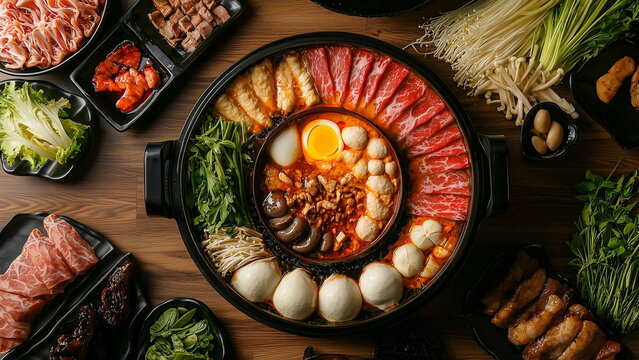 Top view of a mala hot pot on the table, serve with beef and pork meat slice, meatball, fishball, mushroom and vegetable