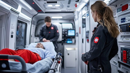 Healthcare worker attending to a sick and injured patient laying on the stretcher at the back of an ambulance, emergency medical treatment
