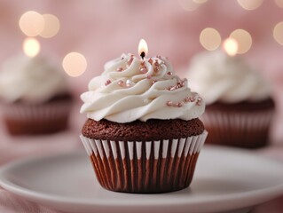 Delicious chocolate cupcake with creamy white frosting and pink sprinkles on a plate against pink background