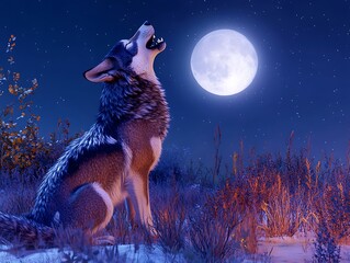 A majestic wolf howling at the moon, its fur and surroundings illuminated under a clear night sky,